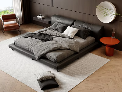 Modern Bedroom Interior With Black Leather Bed Gray Bedding And Orange Side Table 3d model