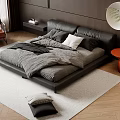 Modern Bedroom Interior With Black Leather Bed Gray Bedding And Orange Side Table 3d model