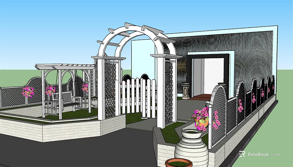 Garden Landscape with White Picket Fence Arched Pergola Bench and Pink Flowers in Entry 3d model 