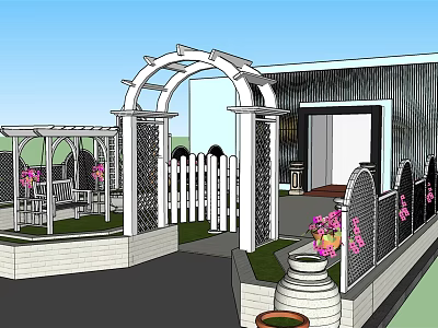 Garden Landscape with White Picket Fence Arched Pergola Bench and Pink Flowers in Entry 3d model