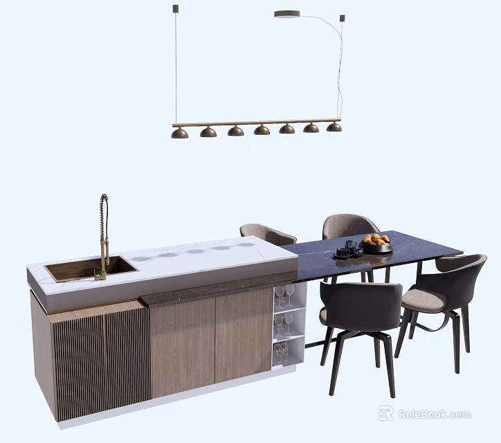 Modern Dining Table Set With Chairs Island Counter And Pendant Lights 3d model