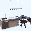 Modern Dining Table Set With Chairs Island Counter And Pendant Lights 3d model