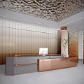 Elegant Sales Office Reception Area With Copper Desk Decorative Ceiling And Paneled Wall
