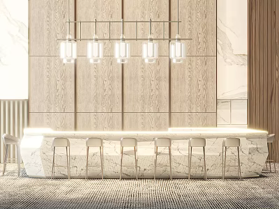 Modern Bar Counter Interior With Wooden Wall Paneling Marble Top And White Bar Stools 3d model