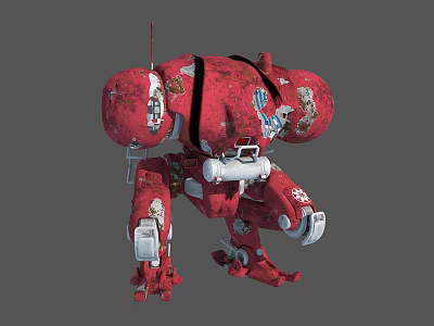 Detailed Red Mechanical Creature Robot With Multi Limbed Body Damaged Parts And Stickers 3d model