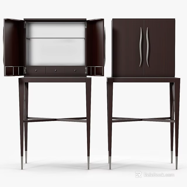 Modern Entryway And Side Cabinet With Dark Wood Design Double Doors Drawers And Tall Legs 3d model 
