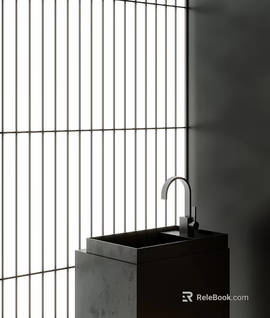 Minimalist Washbasin With Slatted Window Light Shadow Curved Faucet On Dark Bathroom Countertop 3d model 