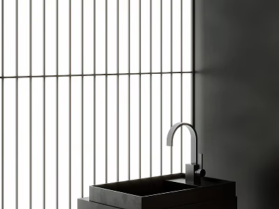 Minimalist Washbasin With Slatted Window Light Shadow Curved Faucet On Dark Bathroom Countertop 3d model