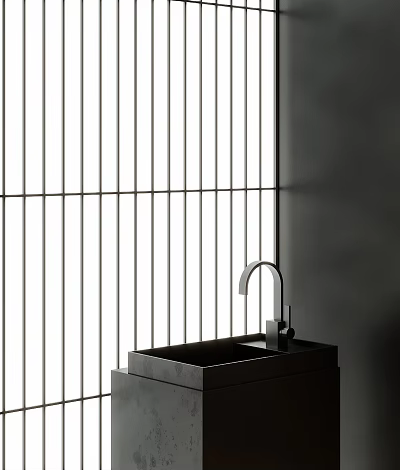 Minimalist Washbasin With Slatted Window Light Shadow Curved Faucet On Dark Bathroom Countertop 3d model