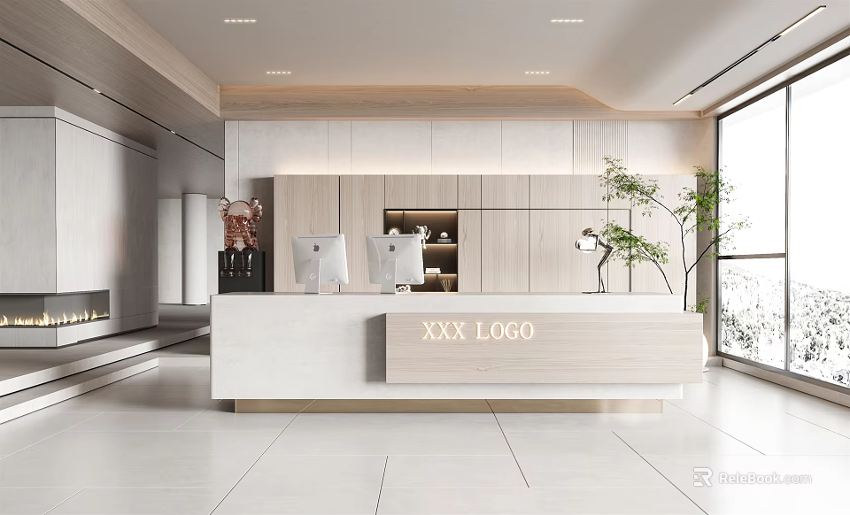 Modern Reception Desk Interior With White Countertop Logo Computers And Green Plants 3d model 