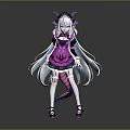 Game Movie Character With Silver White Hair Horned Hat Pink Black Dress And Tail