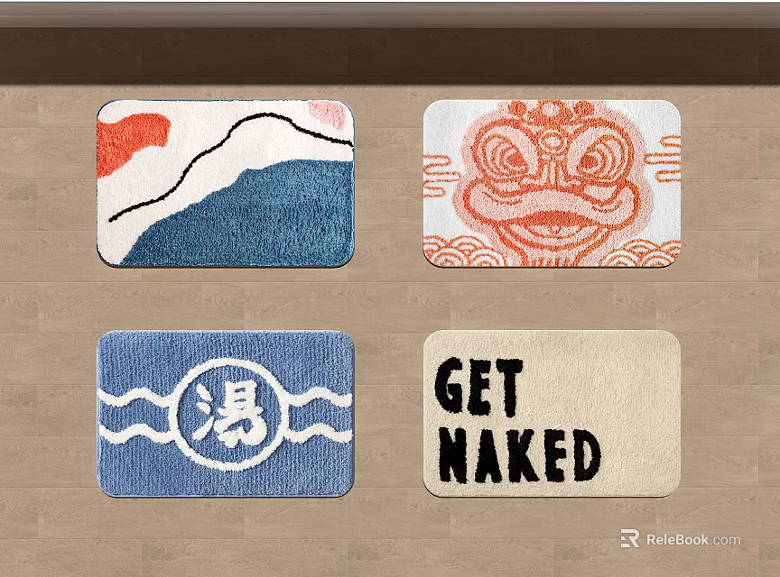 Stylish Square Rugs with Diverse Patterns Including Lion Head Wave and Text Designs 3d model