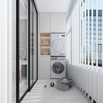 Modern Balcony Fashion Balcony Laundry Cabinet Washing Machine Dryer Cream Color Wardrobe Dream Curtain Bedroom Glass sliding door 3d model