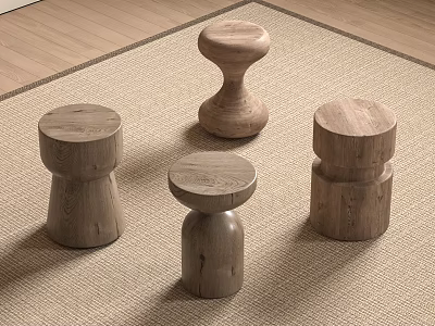 Four Wooden Stools with Various Designs in Indoor Setting on Beige Rug 3d model