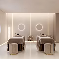 Elegant Beauty Salon Interior Design With Treatment Beds Circular Decor And Lighting