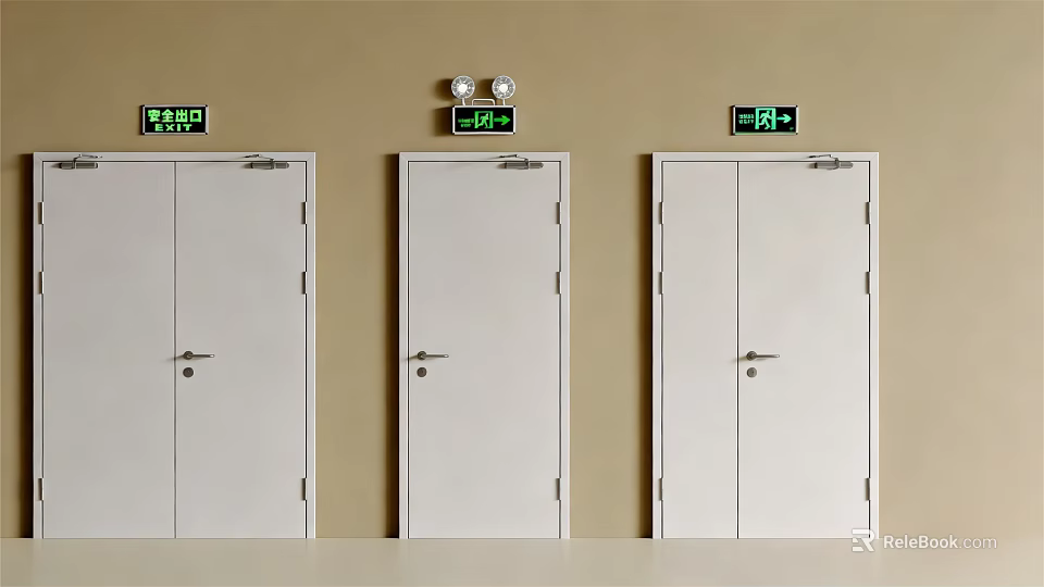 Three White Emergency Exit Doors With Green Signs On Beige Wall 3d model 