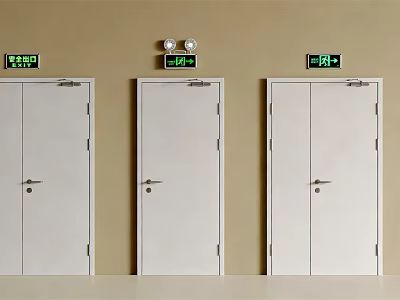 Three White Emergency Exit Doors With Green Signs On Beige Wall 3d model