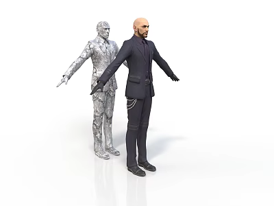 Standing Human Figures With Arms Outstretched Silver Model And Dark Suit Male On White Background 3d model