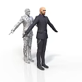 Standing Human Figures With Arms Outstretched Silver Model And Dark Suit Male On White Background