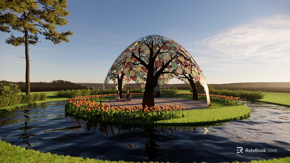 Domed Landscape Pavilion With Colorful Circular Panels Surrounded By Water Tulips And Green Grassland 3d model 