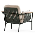 Stylish Single Sofa With Beige Cushion Black Metal Frame And Wooden Armrest