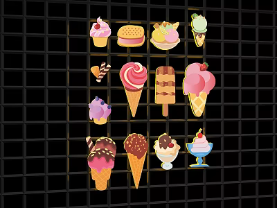 Colorful Food Shaped Wall Decor With Ice Cream Cake Hamburger Decorative Patterns On Grid Background 3d model