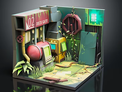 Cartoon Scene of Abandoned Deck Gate 02 with Red Sphere Green Door and Plants 3d model