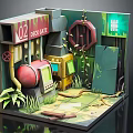 Cartoon Scene of Abandoned Deck Gate 02 with Red Sphere Green Door and Plants