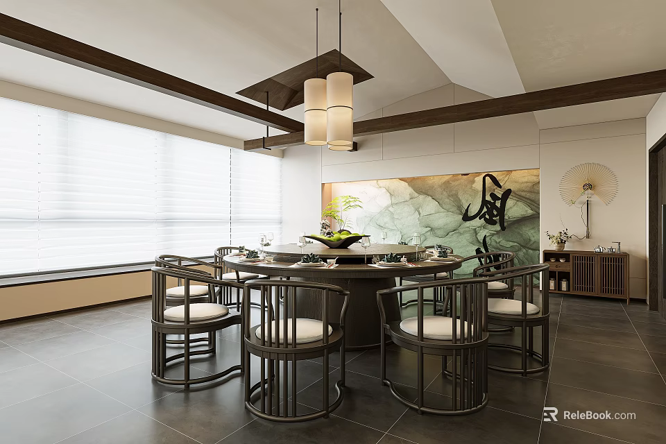 Chinese Style Private Dining Room With Round Table Chairs Pendant Lights And Decorative Painting 3d model 
