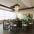 Chinese Style Private Dining Room With Round Table Chairs Pendant Lights And Decorative Painting