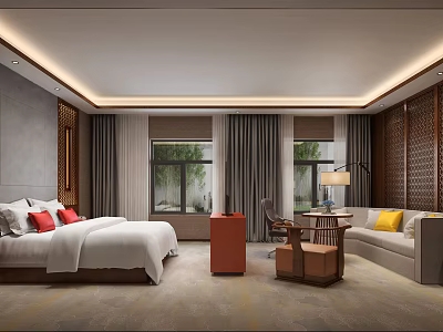 Modern Hotel Room Interior With White Bed Linen Red Pillows Sofa And Table Lamp 3d model