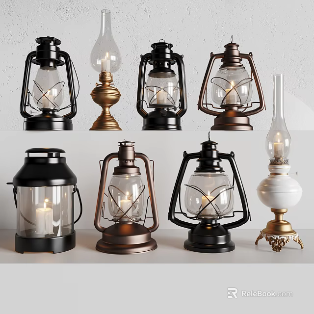 Vintage Decorative Candle Lanterns with Glass Shades and Various Metal Base Styles 3d model 