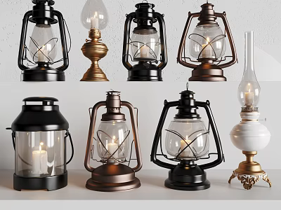 Vintage Decorative Candle Lanterns with Glass Shades and Various Metal Base Styles 3d model