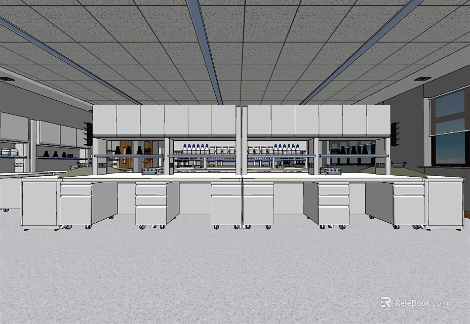 Laboratory Interior With Multiple Lab Benches Upper Cabinets And Equipment 3d model 
