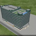 Modern Multi Story Office Building With Glass Curtain Wall And Green Lawn Under Blue Sky