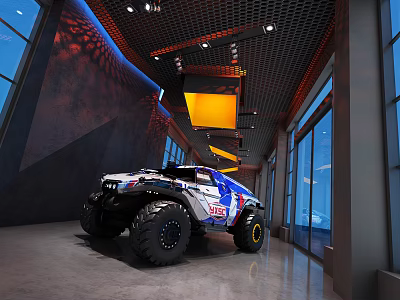 Showroom Featuring Large Off Road Vehicle Dark Walls Metal Grid Ceiling Windows And Orange Lighting 3d model