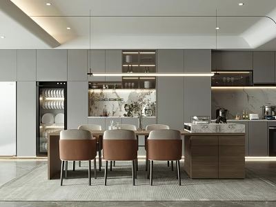 Modern Restaurant Interior With Open Kitchen Dining Table Chairs And Cabinets 3d model