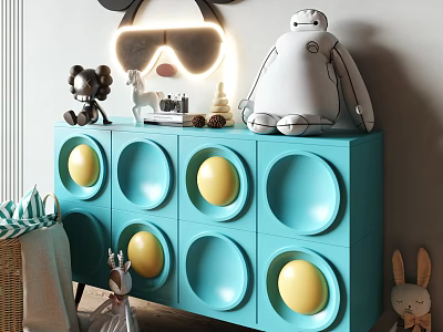 Vibrant Blue Decorative Cabinet With Yellow Circular Doors And Stuffed Toys On Top 3d model