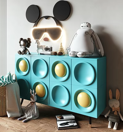 Vibrant Blue Decorative Cabinet With Yellow Circular Doors And Stuffed Toys On Top 3d model