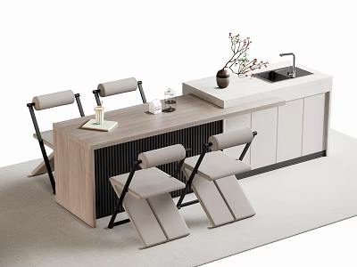 Modern Minimalist Bar Counter With Wooden Top Stools Sink And Decorative Plants 3d model