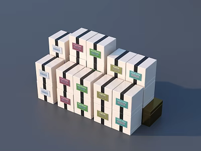 Stacked White Product Packaging Boxes With Colorful Labels In Organized Tiered 3d model
