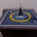 Helicopter Parked On Helipad With Yellow Circle White Markings Railing And Stairs