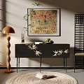 Elegant Entryway Console Table With Bamboo Patterns Curved Floor Lamp Framed Art And Round Rug 3d model