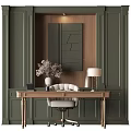 Wooden Desk And White Chair Set With Dark Green Walls Decorative Flowers And Table Lamp