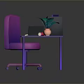 Purple Home Office Desk And Chair With Computer Lamp Plant And Apples