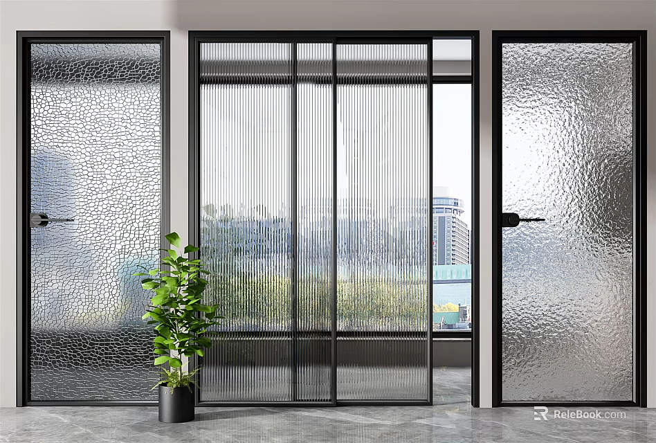 Modern Interior Glass Sliding Doors With Ribbed And Frosted Textured Panels And Green Plant 3d model 