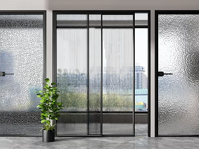 Modern Interior Glass Sliding Doors With Ribbed And Frosted Textured Panels And Green Plant 3d model