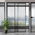 Modern Interior Glass Sliding Doors With Ribbed And Frosted Textured Panels And Green Plant