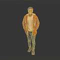 Man Wearing Orange Jacket Beige T-shirt Blue Jeans And Bandana Standing On Gray Background