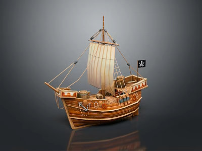 Wooden Sailing Ship Model With White Sails Pirate Flag And Barrels On Deck 3d model